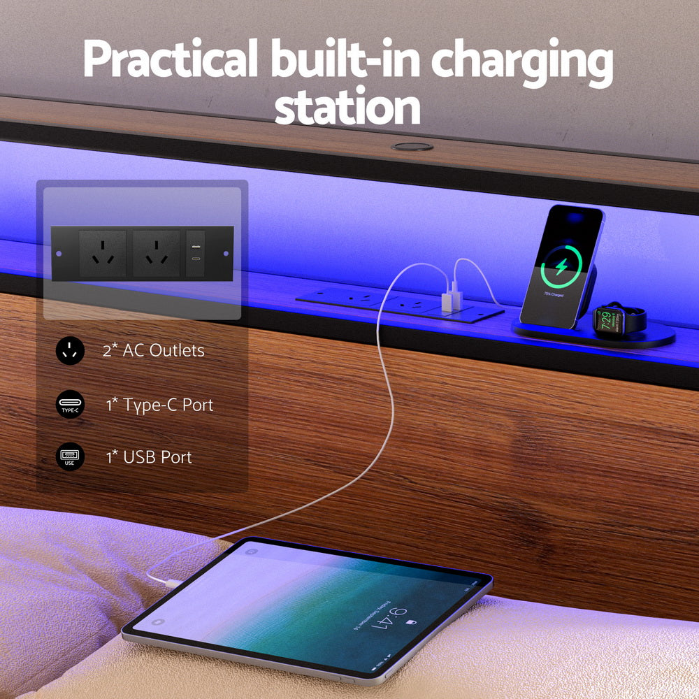 Queen Metal Bed Frame with 2-Tier Storage Headboard