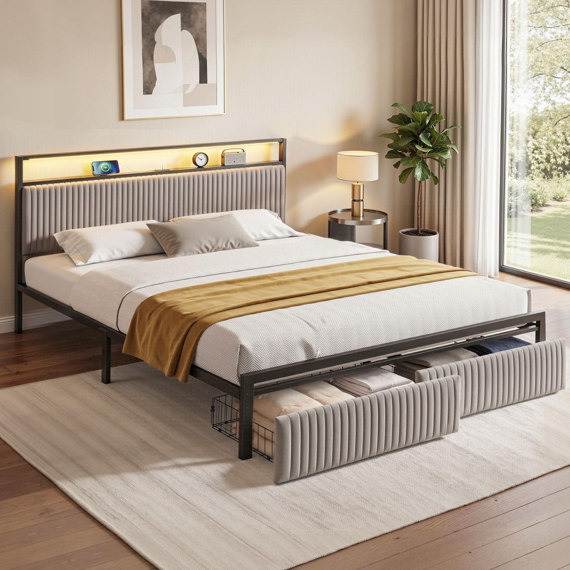 Artiss King Metal Bed Frame with LED & Charging Station
