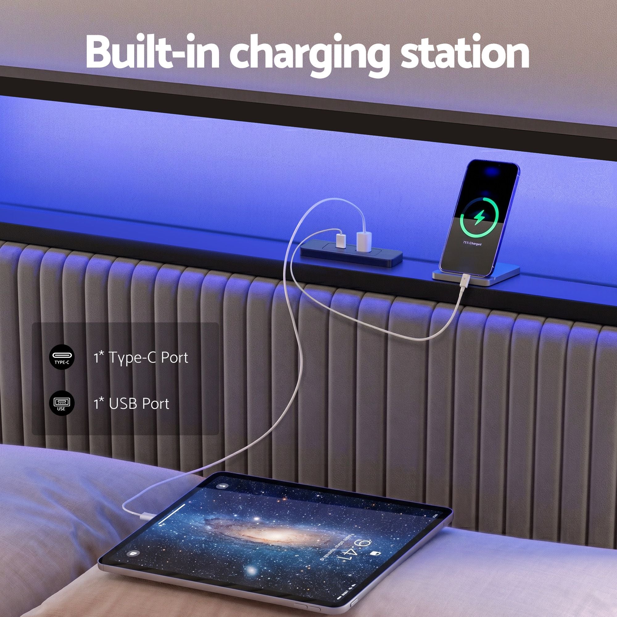 Artiss King Metal Bed Frame with LED & Charging Station
