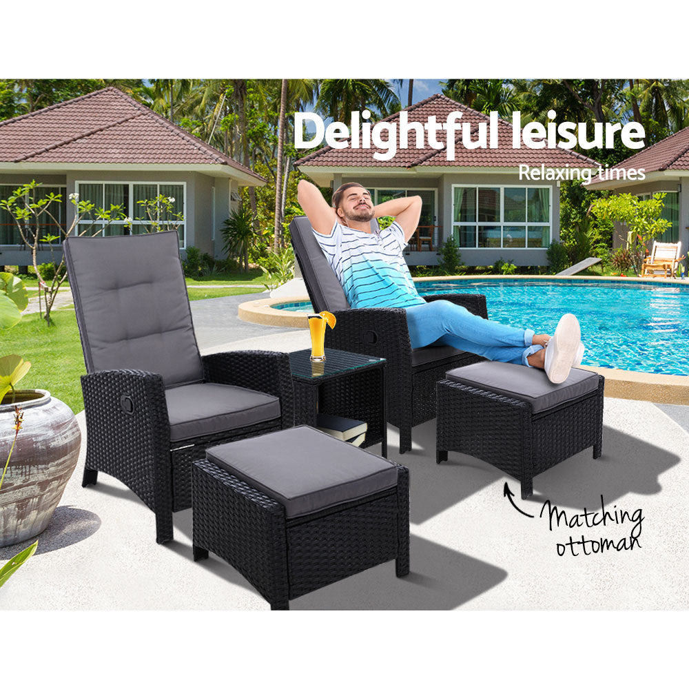 Gardeon Adjustable Wicker Recliner Chairs & Table Set β Black