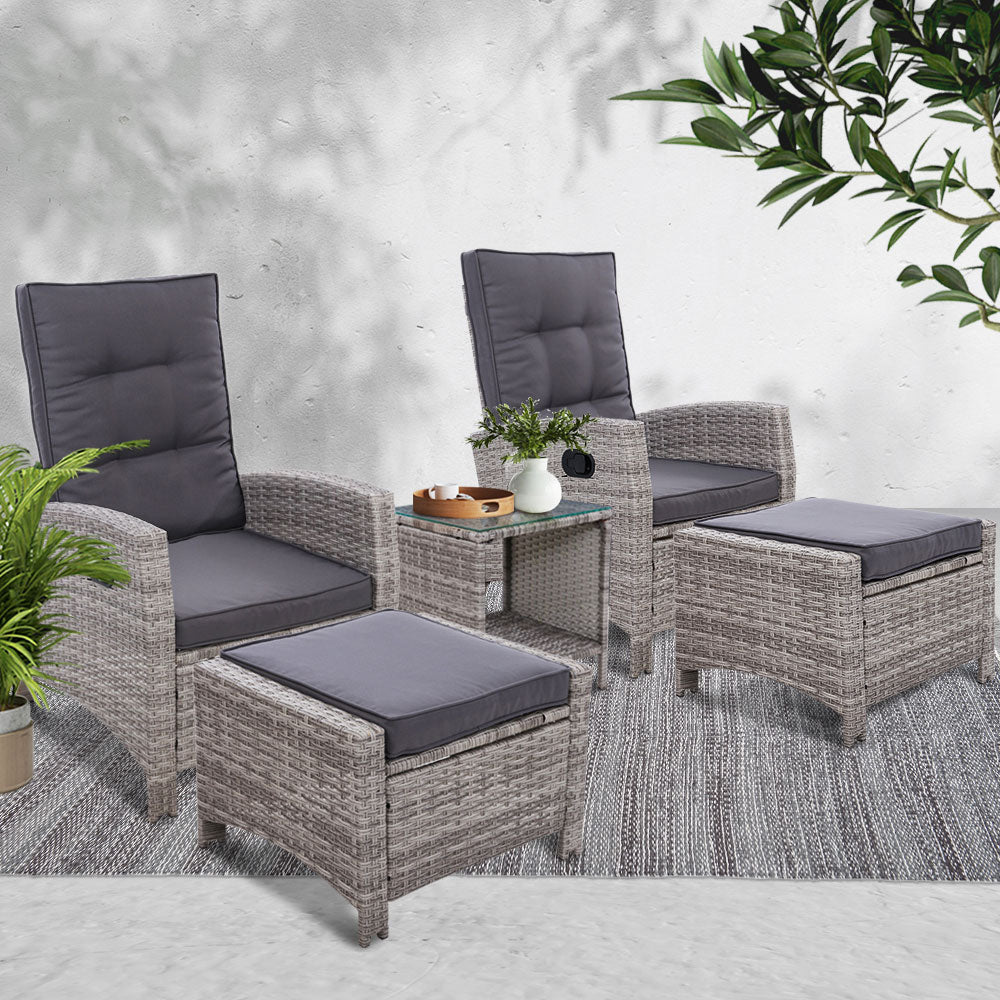 Gardeon 5-Piece Outdoor Recliner Set â Grey Wicker