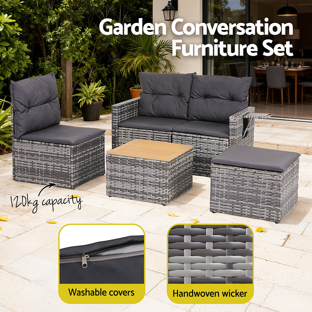 Gardeon 5-Piece Outdoor Sofa Set â Grey Rattan