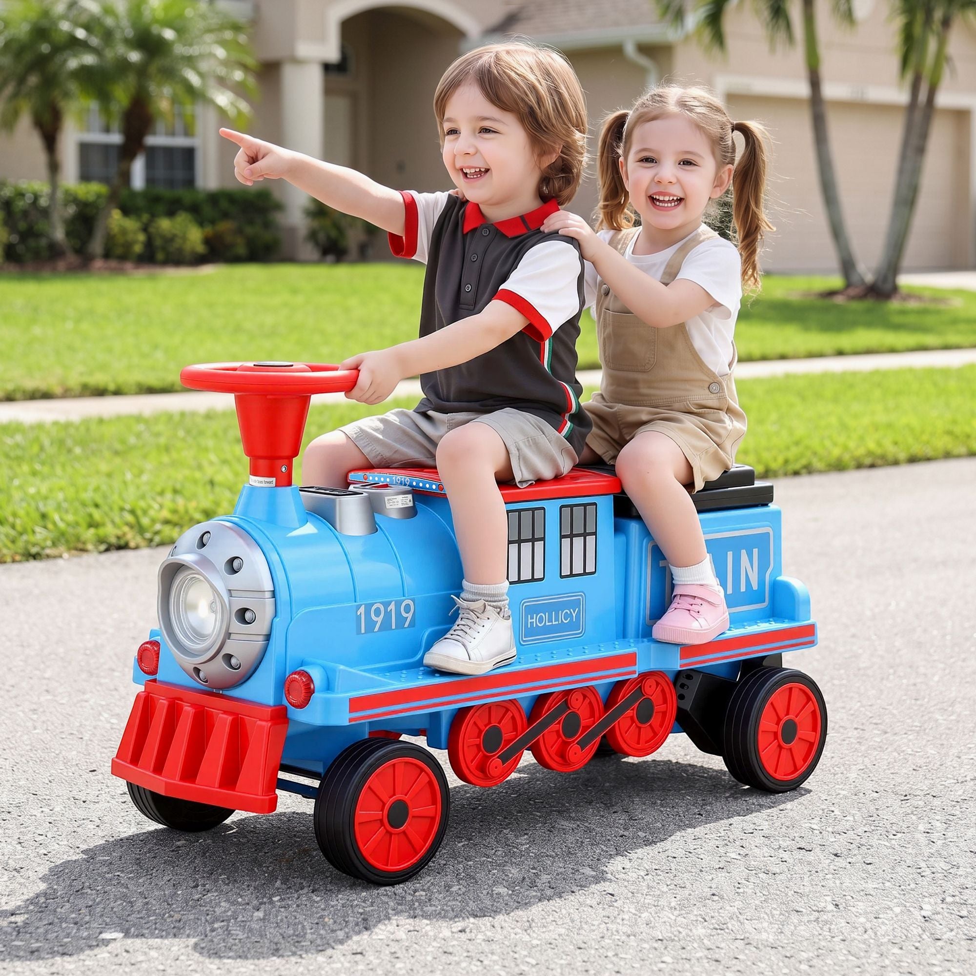 Rigo 12V Kids Ride On Train Car 2 Seater Electric Toy with Storage Blue