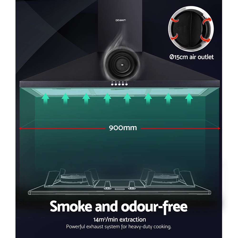 Devanti 900mm Range Hood 90cm Rangehood Black