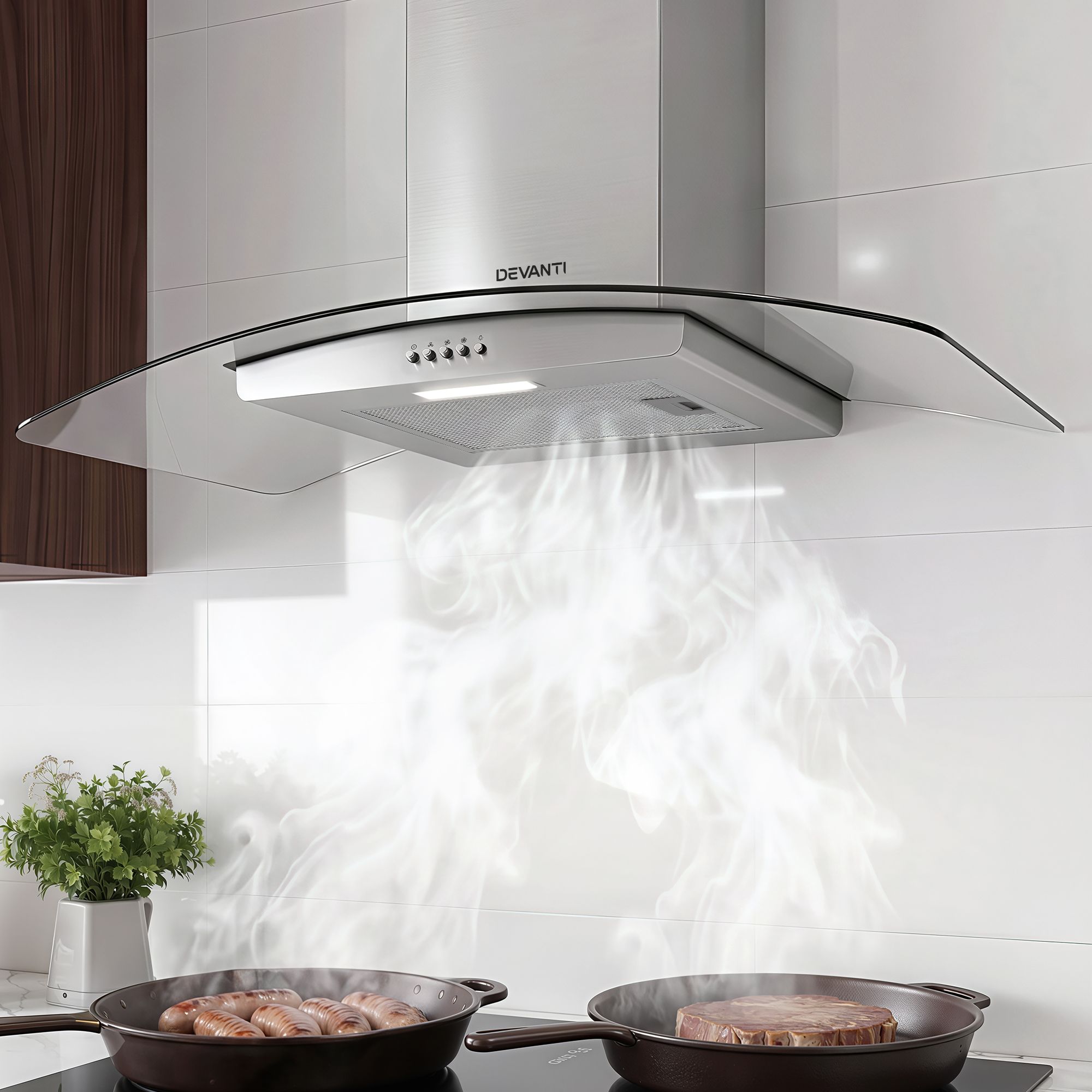 Devanti 90cm Curved Glass Canopy Range Hood – Stainless Steel