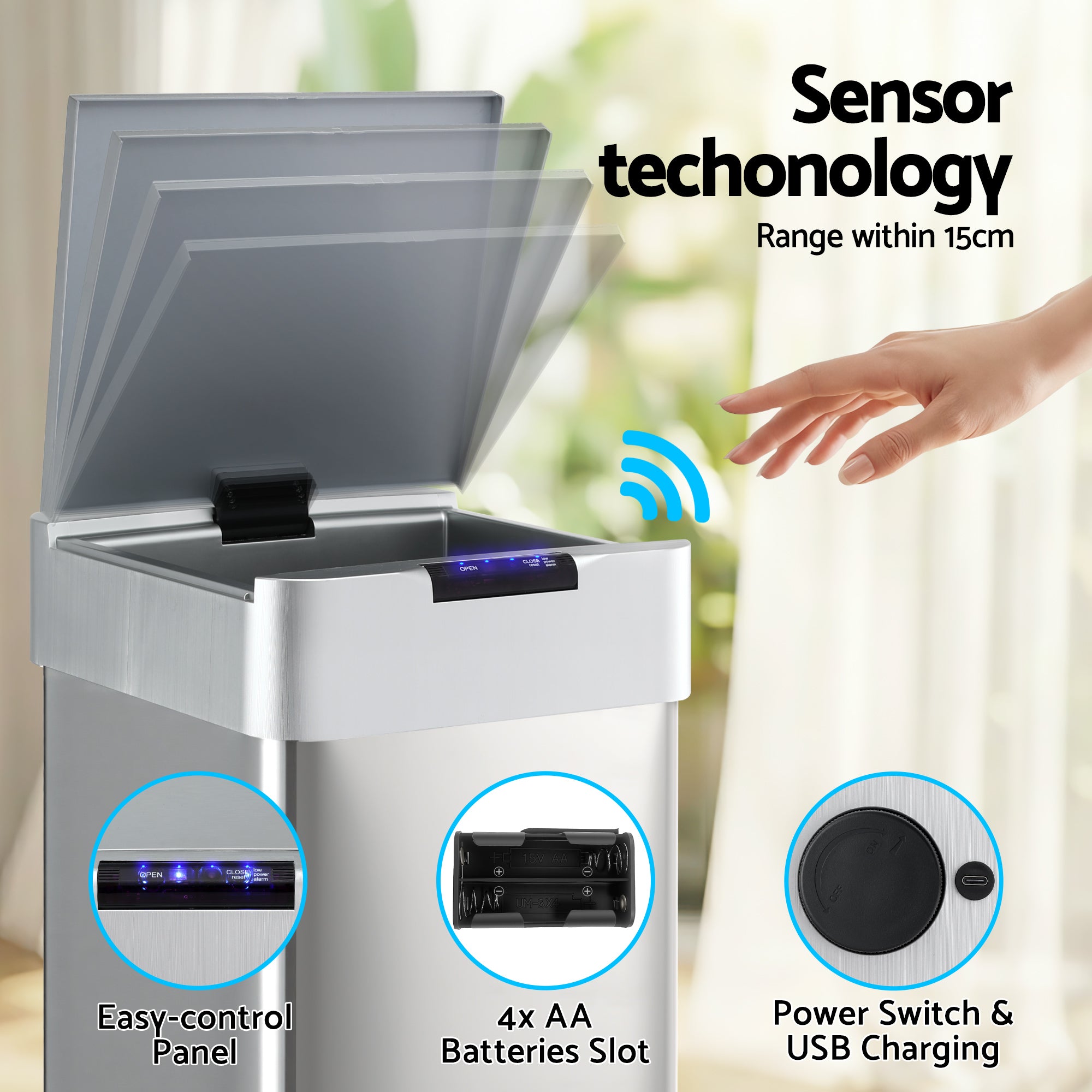 Devanti 50L Motion Sensor Kitchen Bin Silver