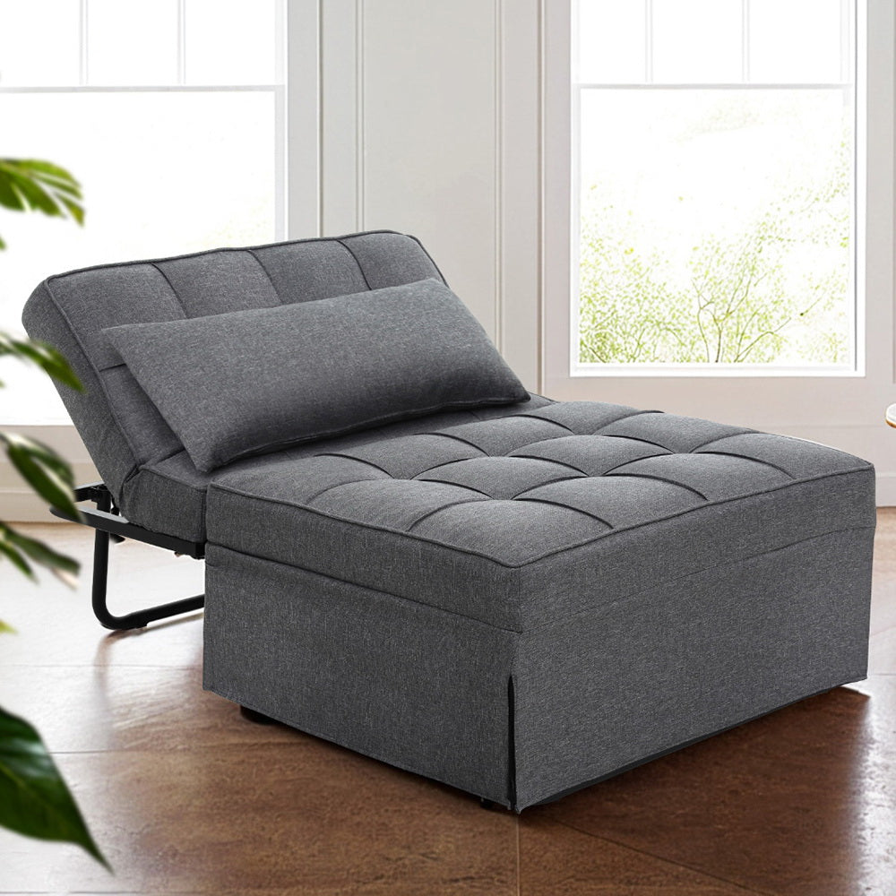 Artiss 1-Seater Sof Bed Ottoman – Convertible Linen Grey