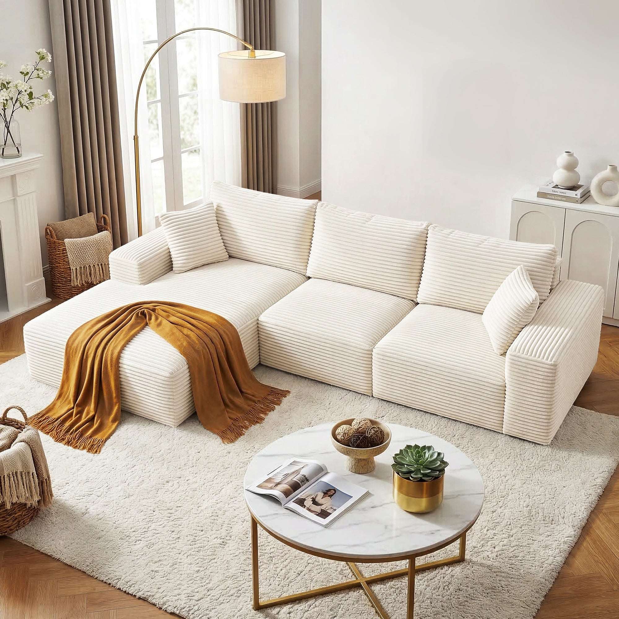 Artiss 3-Seater Modular Sofa Bed – Corduroy Sectional Couch (White)