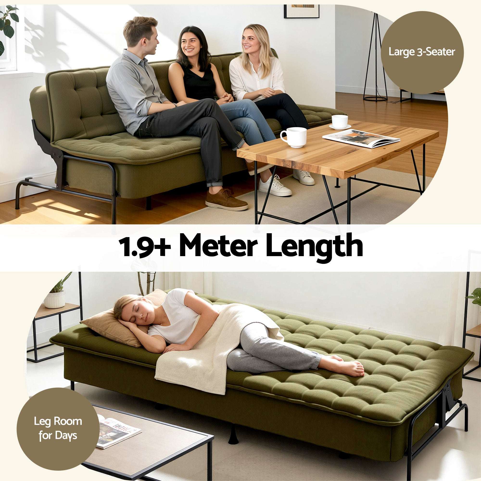 Artiss 3-Seater Sofa Bed 1.9m Adjustable Innerspring Futon Couch Green