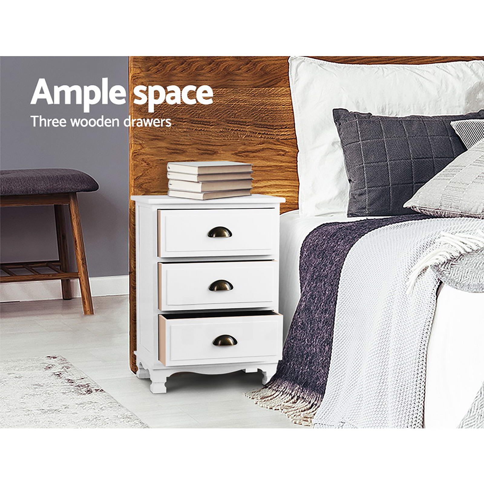 Artiss THYME Vintage Bedside Table 3 Drawer – White (2 Pack)