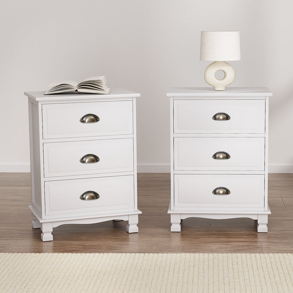 Artiss THYME Vintage Bedside Table 3 Drawer – White (2 Pack)