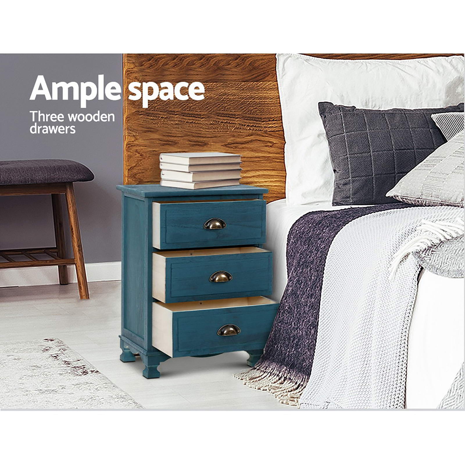 Artiss THYME Vintage Bedside Table 3 Drawer – Blue (2 Pack)