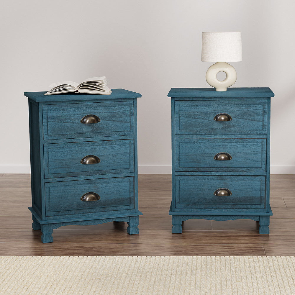 Artiss THYME Vintage Bedside Table 3 Drawer – Blue (2 Pack)
