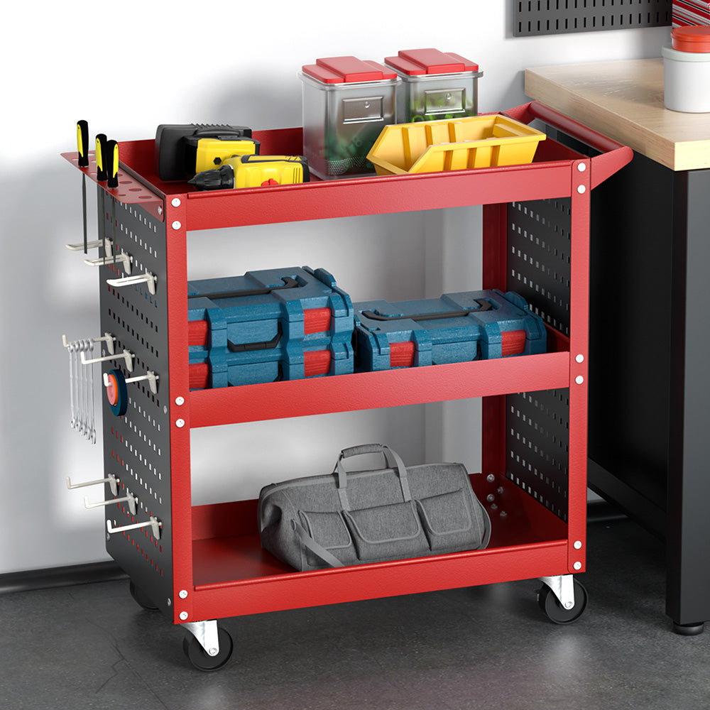 3-Tier Tool Cart Trolley with Pegboard Hooks – Red