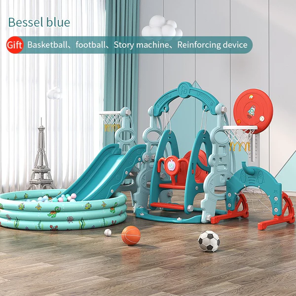 Kids Outdoor Slide & Swing Set with Basketball Hoop - Blue
