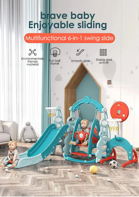 Kids Outdoor Slide & Swing Set with Basketball Hoop - Blue