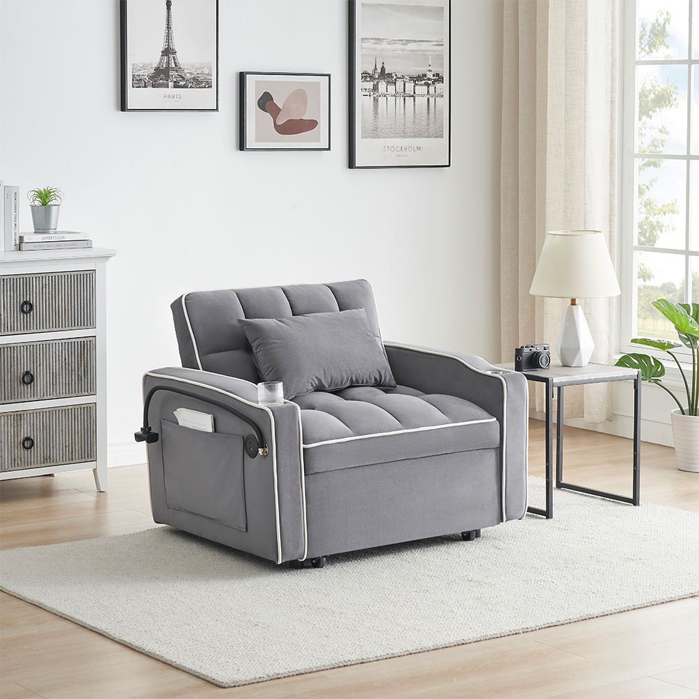 Single Sofa Bed with USB Ports & Phone Holder – Grey