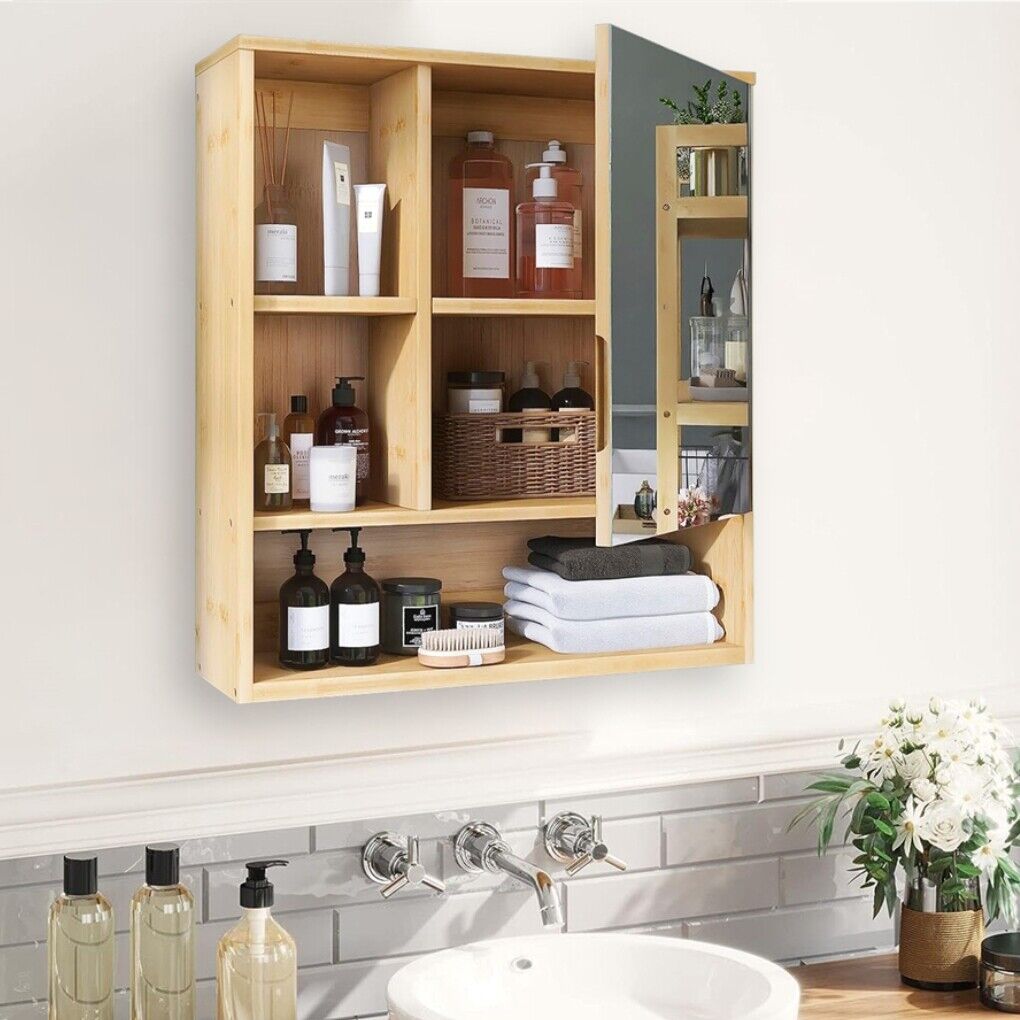 Bamboo Wall Cabinet Mirror 55.5cm β 5 Shelves