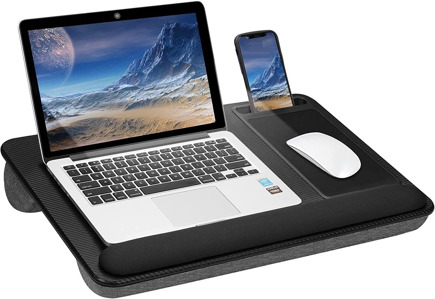 Portable Laptop Desk with Device Ledge, Mouse Pad & Phone Holder – Black 43CM