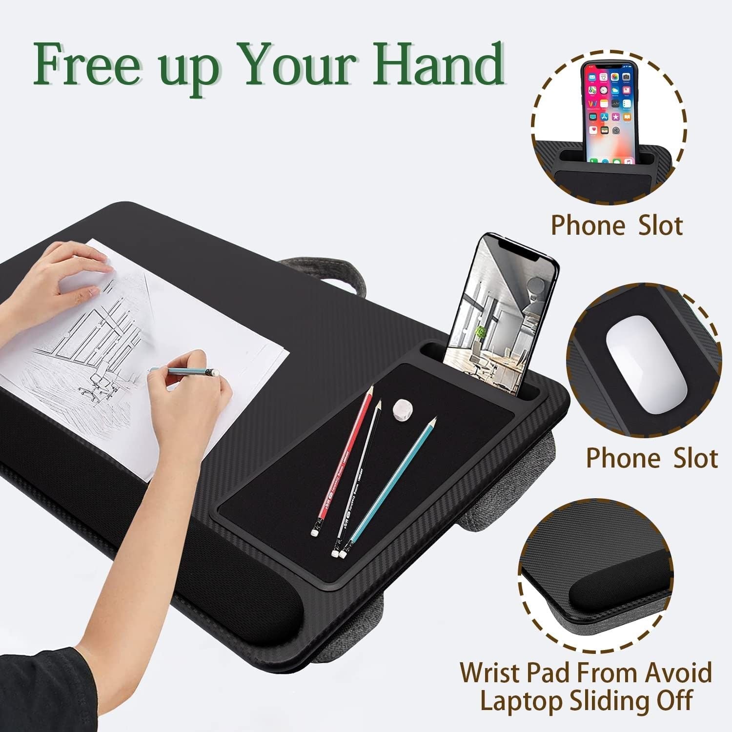 Portable Laptop Desk with Device Ledge, Mouse Pad & Phone Holder – Black 43CM