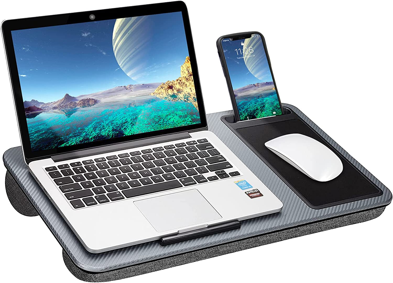 Portable Laptop Desk with Device Ledge, Mouse Pad & Phone Holder – Silver 40CM