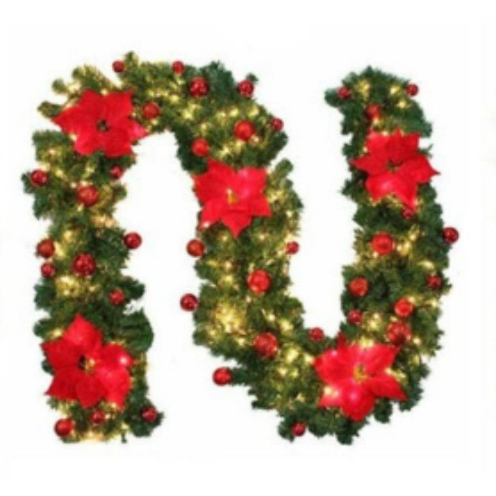 9FT Christmas Garland with LED Lights Red Artificial Holiday Decoration