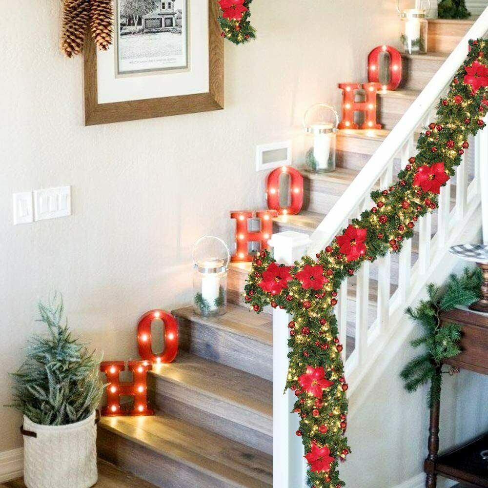 9FT Christmas Garland with LED Lights Red Artificial Holiday Decoration