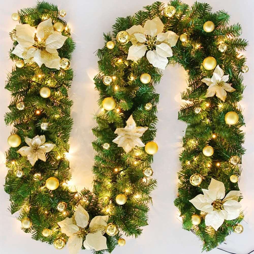 Gold 9FT Christmas Garland with LED Lights Artificial Festive Decoration