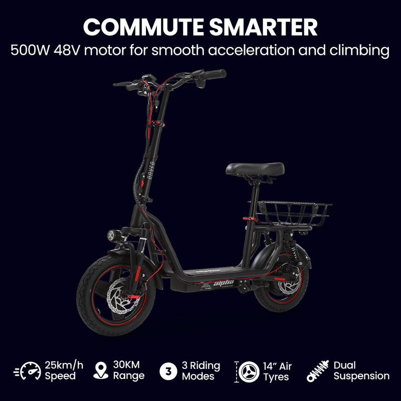 ALPHA Rover 500W Electric Scooter with Seat – 48V, 30km Range, Black