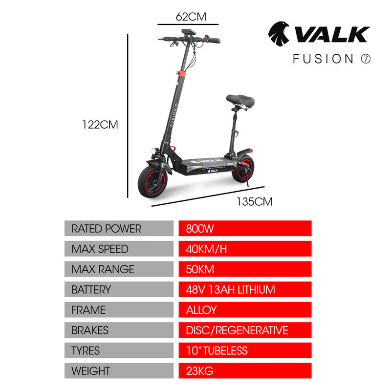 VALK Fusion 7 Electric Scooter – 800W 48V 13Ah, 50km Range, Seat Option