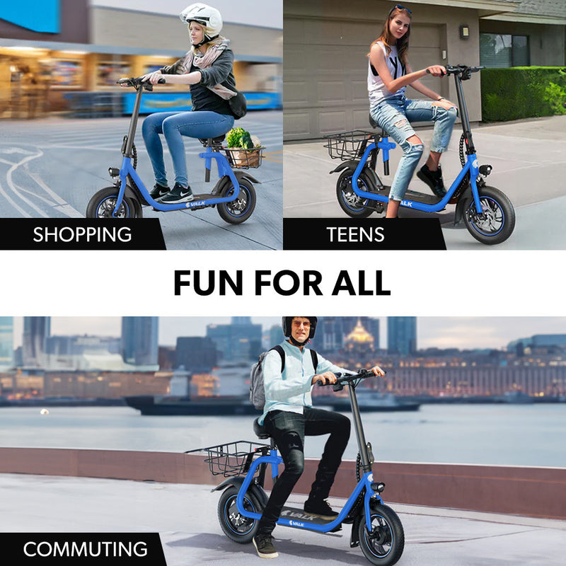VALK Electric Scooter with Seat – Disc Brakes, 12" Tyres, Blue