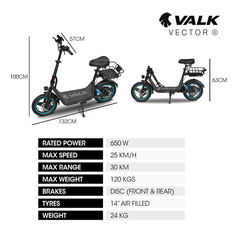 VALK Electric Scooter with Seat – 30km Range, Disc Brakes, 14" Tyres