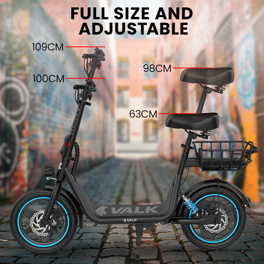 VALK Electric Scooter with Seat – 30km Range, Disc Brakes, 14" Tyres