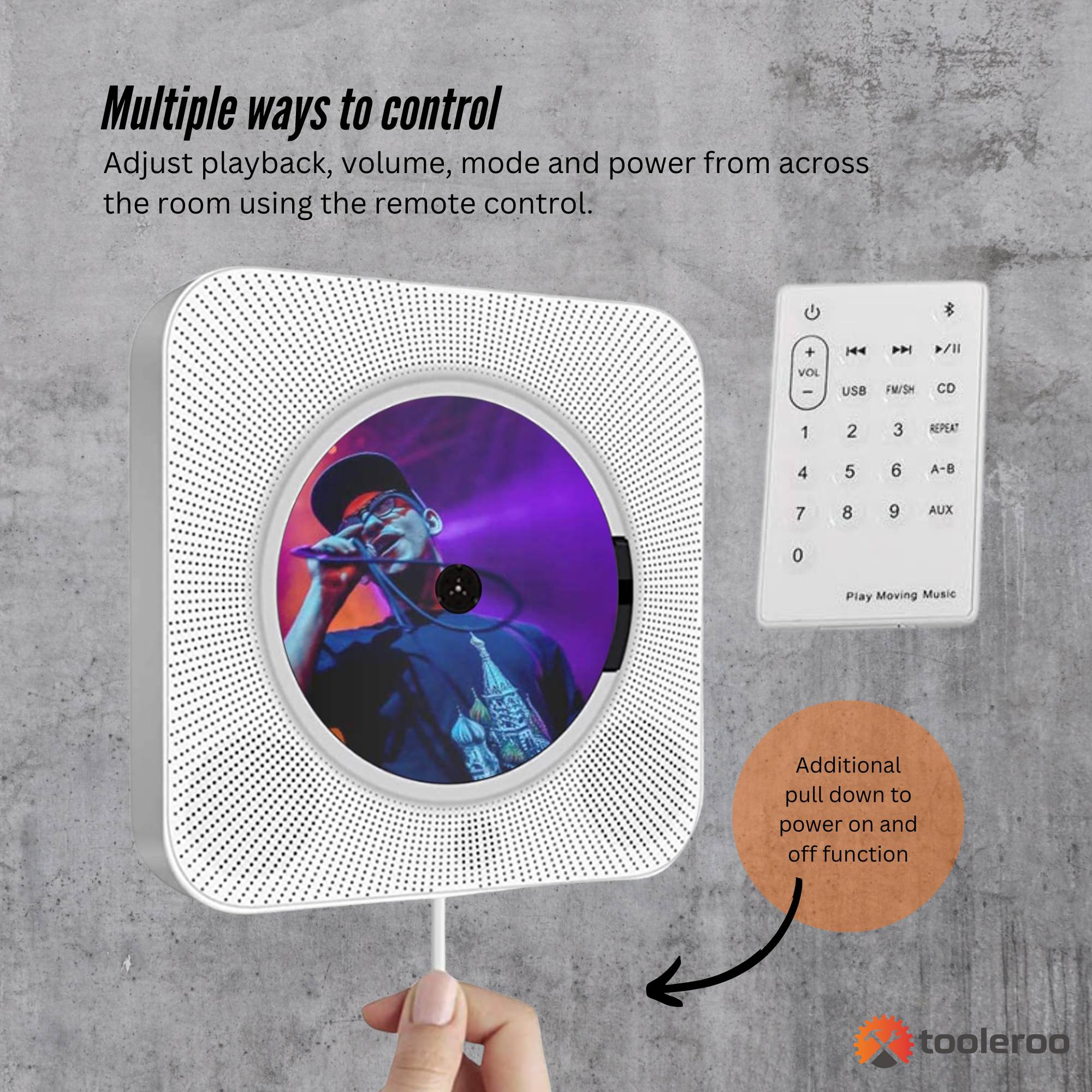 Tooleroo Wall-Mount CD Player Speaker – Bluetooth FM Radio (White)