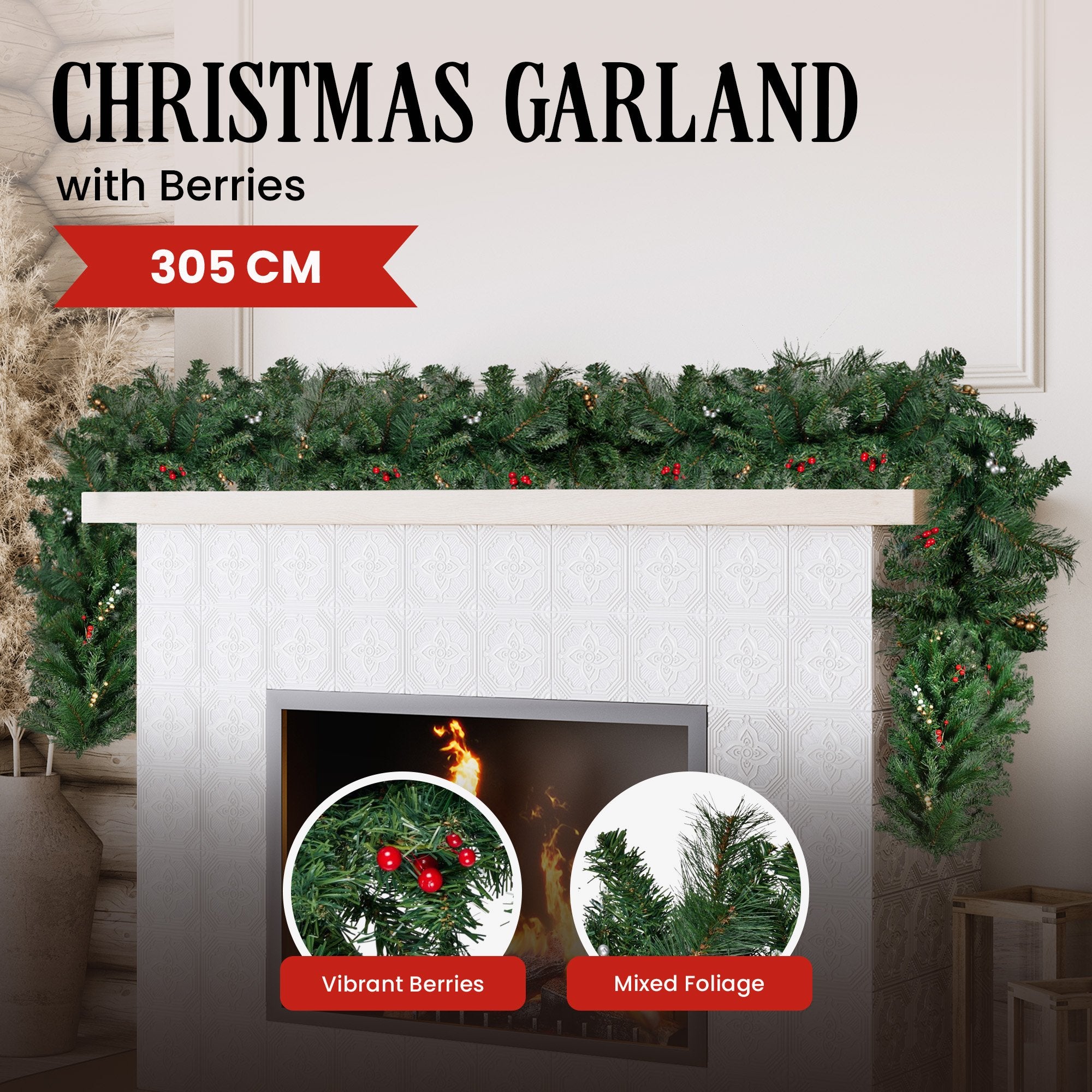 305cm Extra Long Christmas Garland with Berries