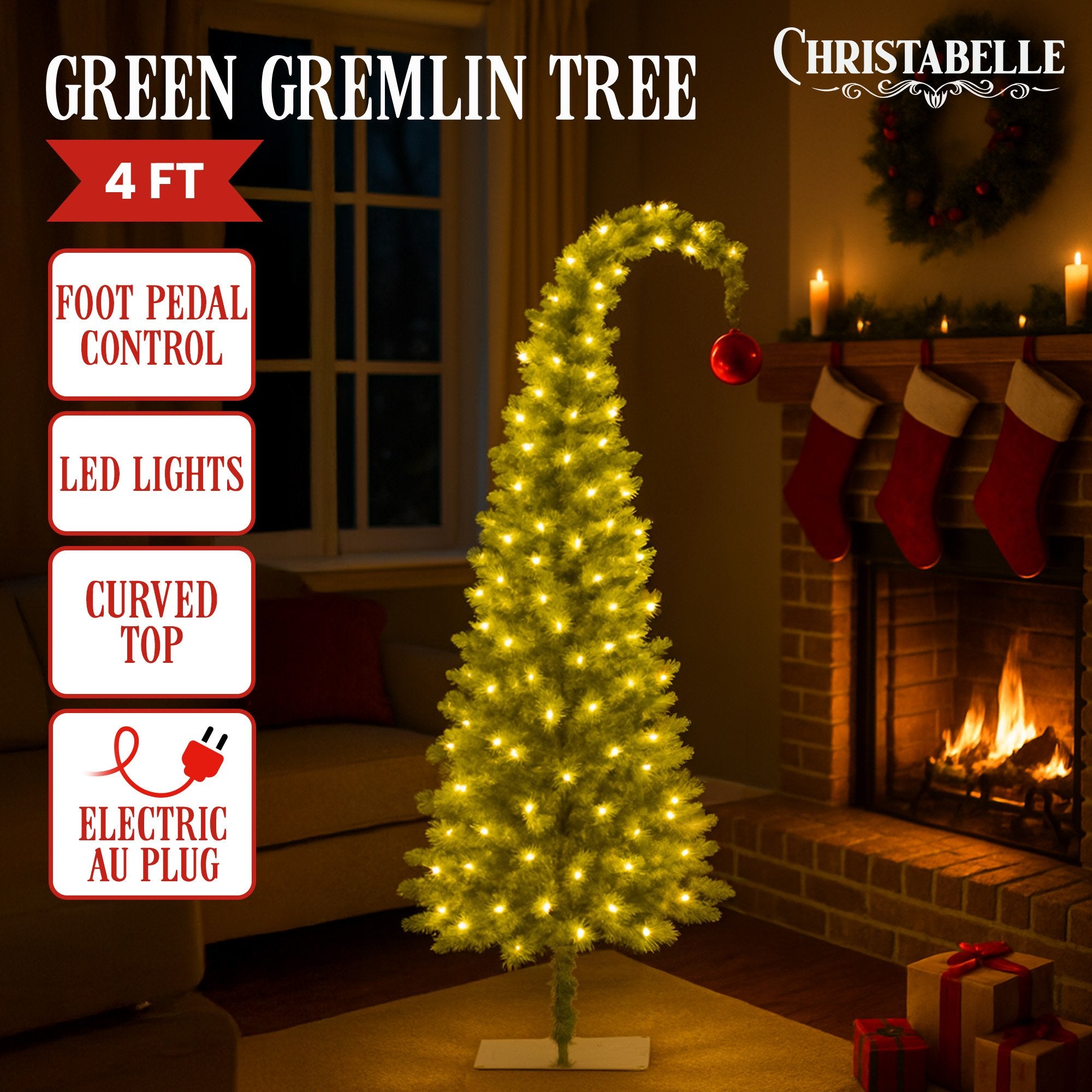 Christabelle 4ft Curved Gremlin Tree Red Bauble LED