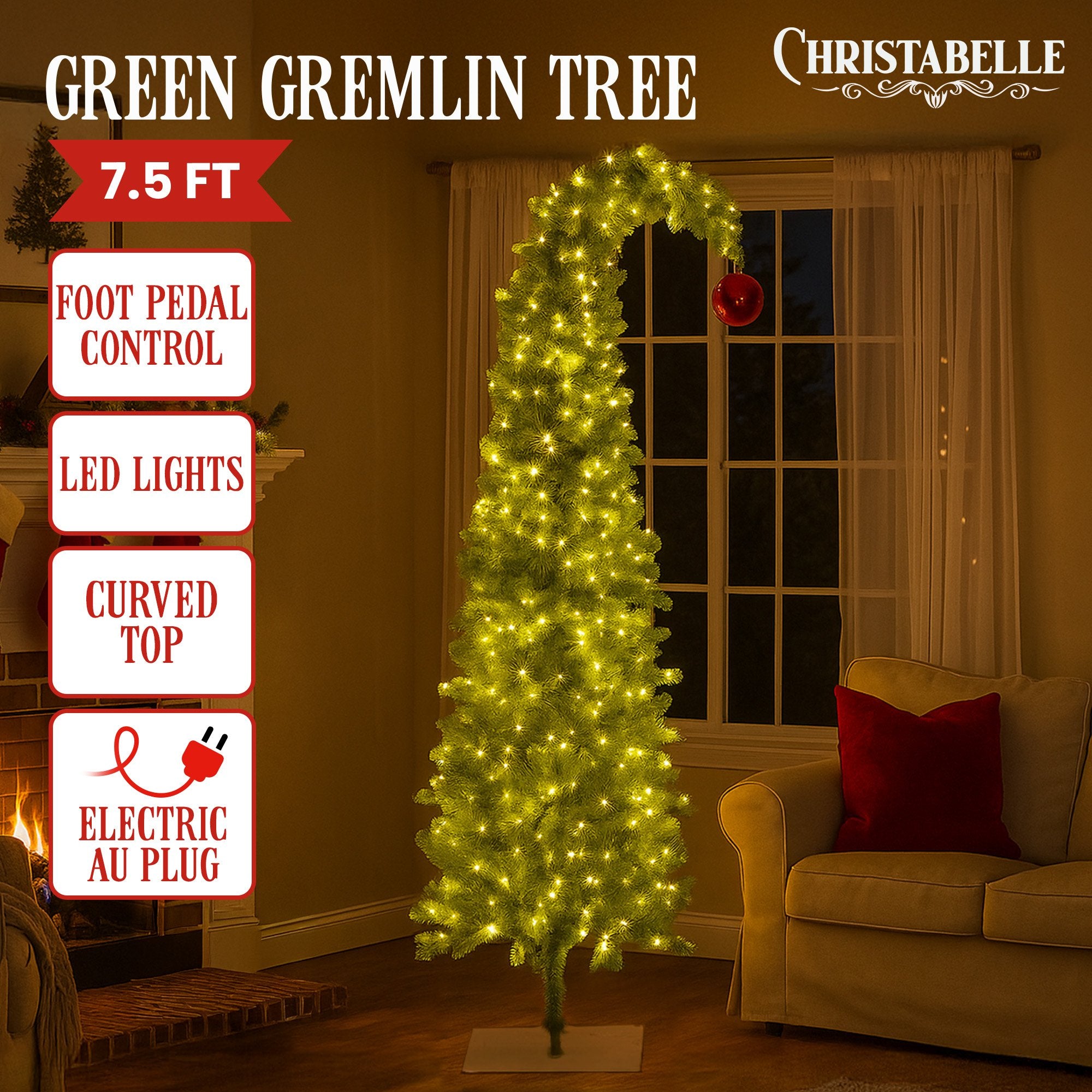 Christabelle 7.5ft Curved Gremlin Tree with Red Bauble & LED Lights