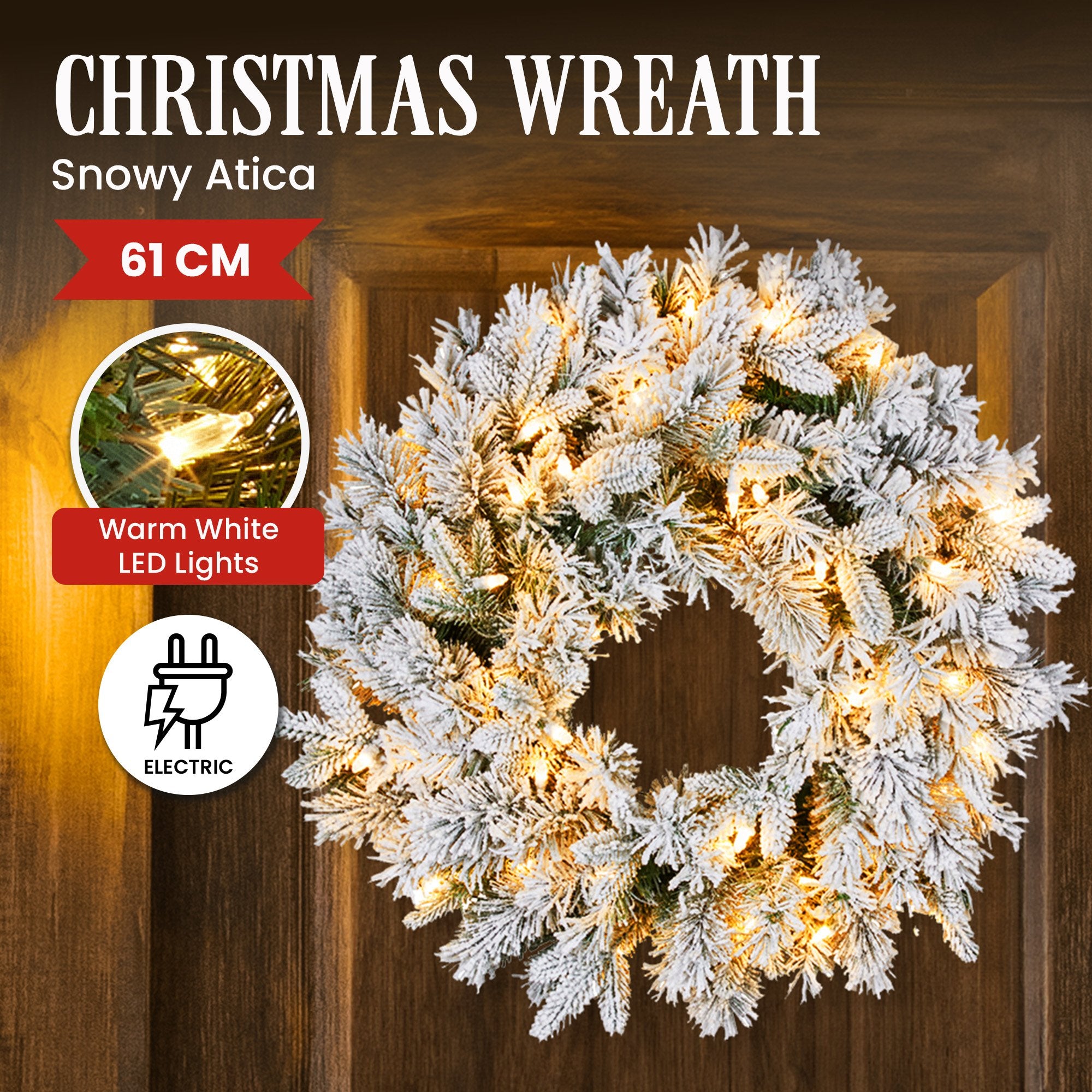 61cm Snowy Atica Pre-Lit Christmas Wreath