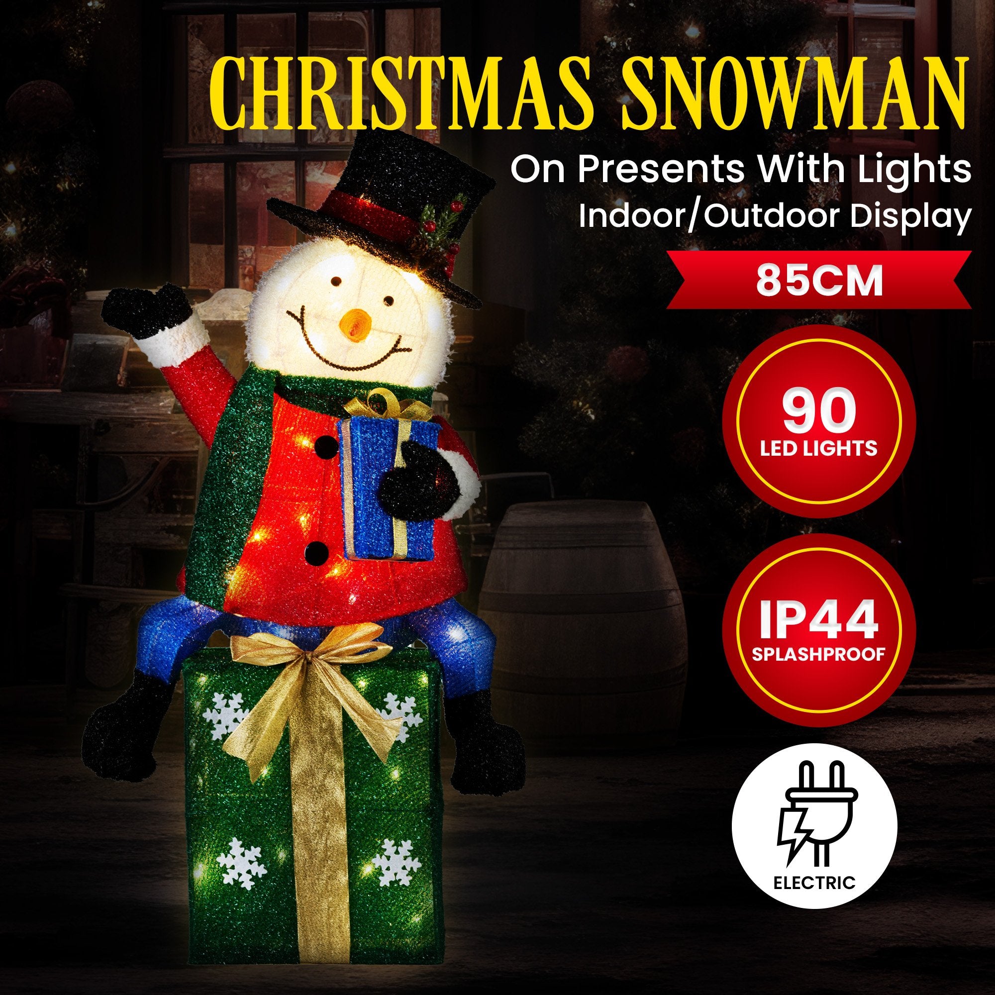 Christabelle 85cm Christmas Snowman on Presents Display with Lights