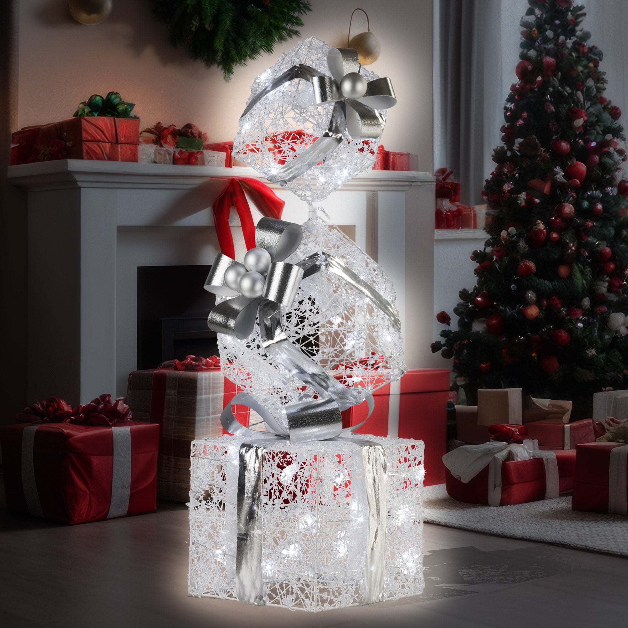 Christabelle 83cm LED Silver Gift Box Stack