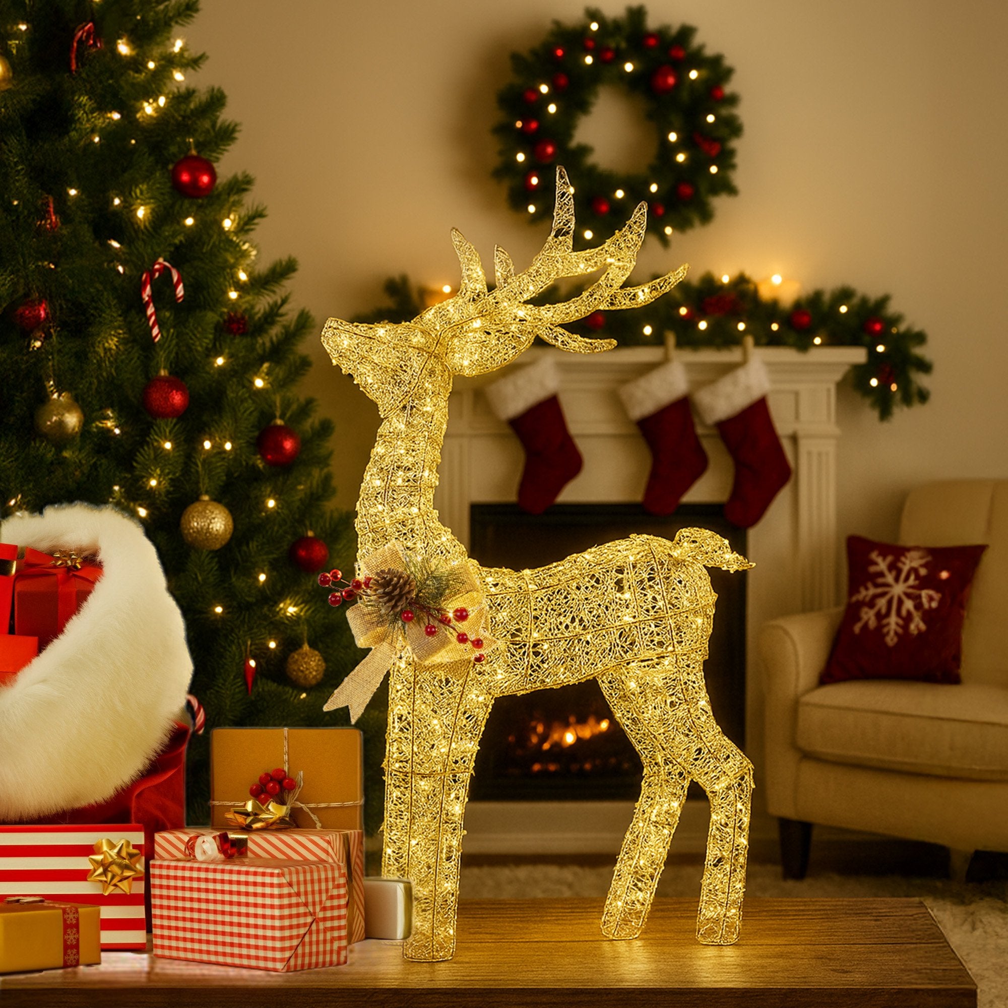 Christmas Reindeer w/ Warm White LEDs & Gold Bow