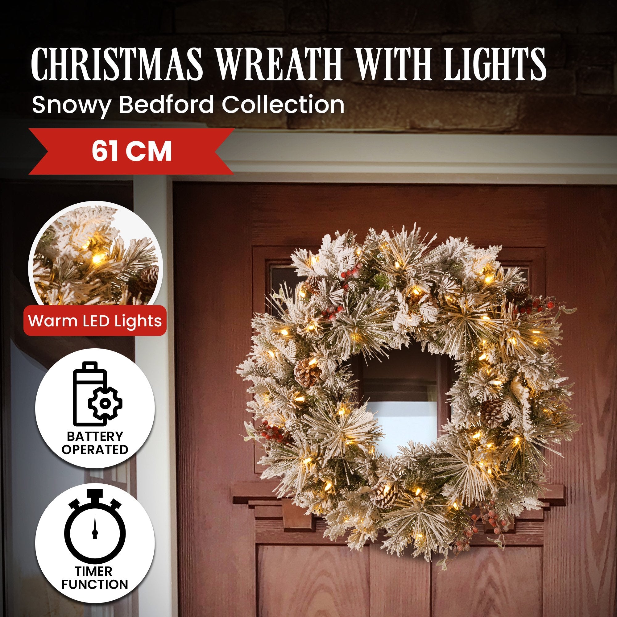 Christabelle 61cm Snowy Wreath – LED Lit