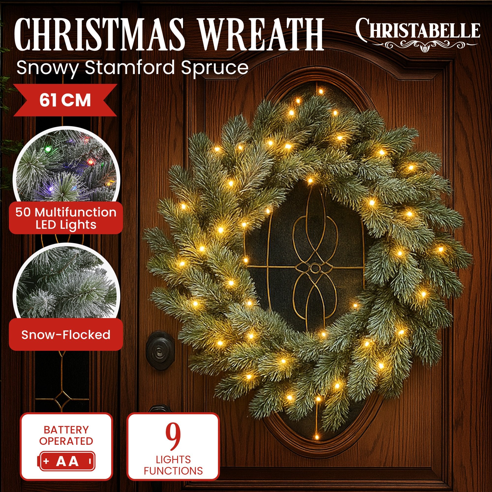 61cm Snowy Stamford Spruce Christmas Wreath with Coloured LED Lights