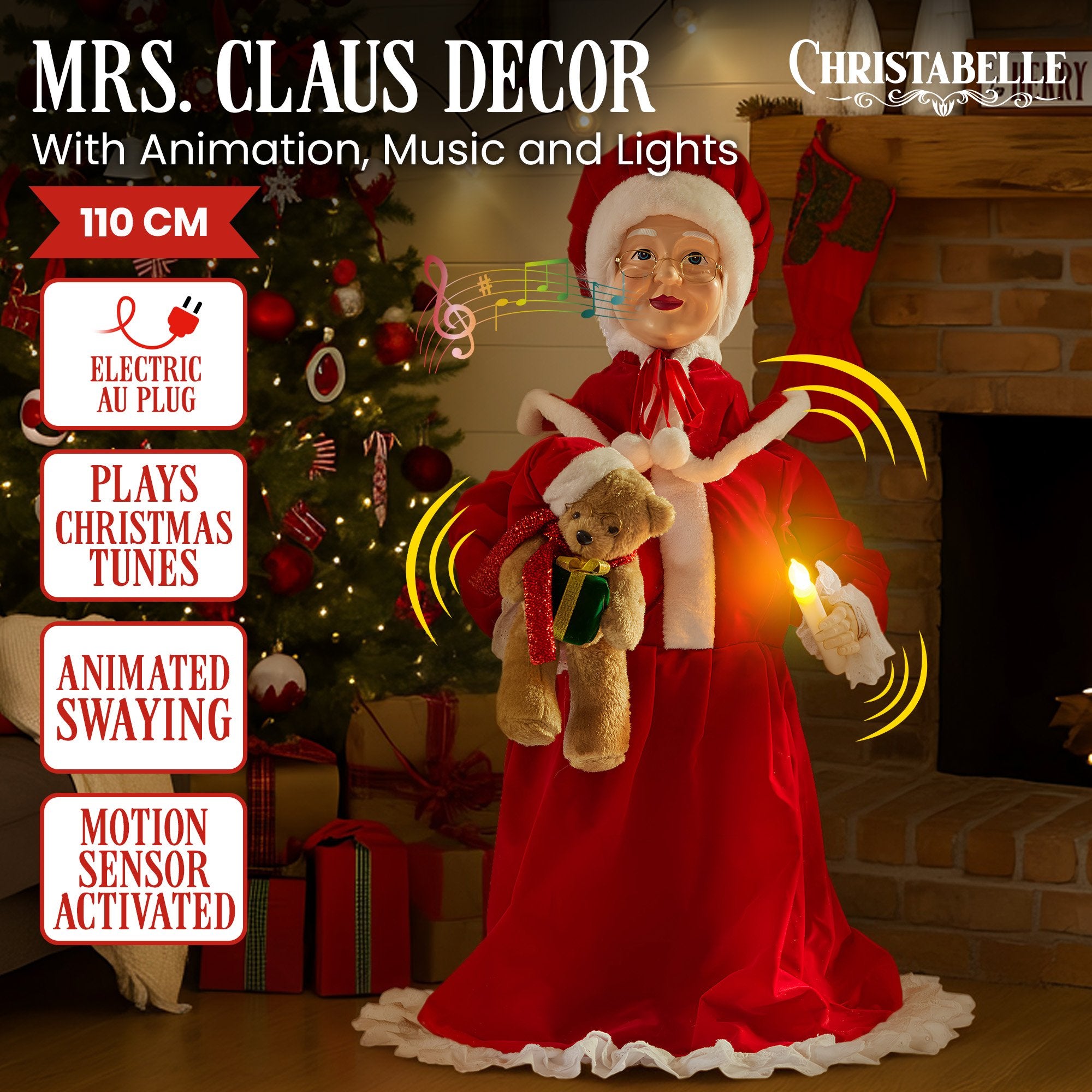 1.1m Musical LED Animated Mrs Claus with Glowing Candle