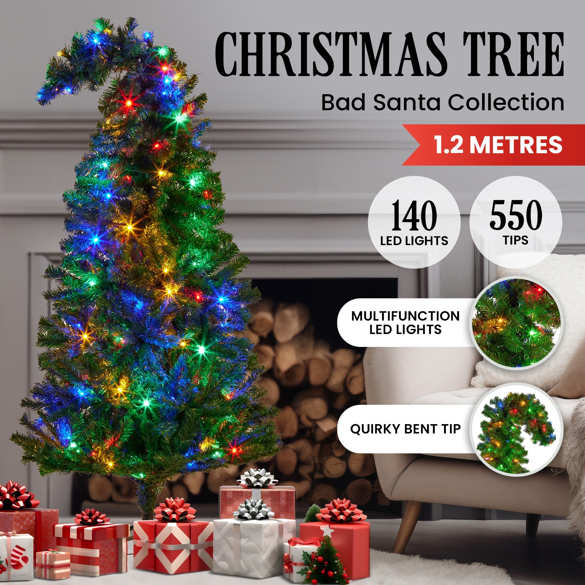 1.2m Curved Multicolour Pre-Lit Christmas Tree – 550 Tips