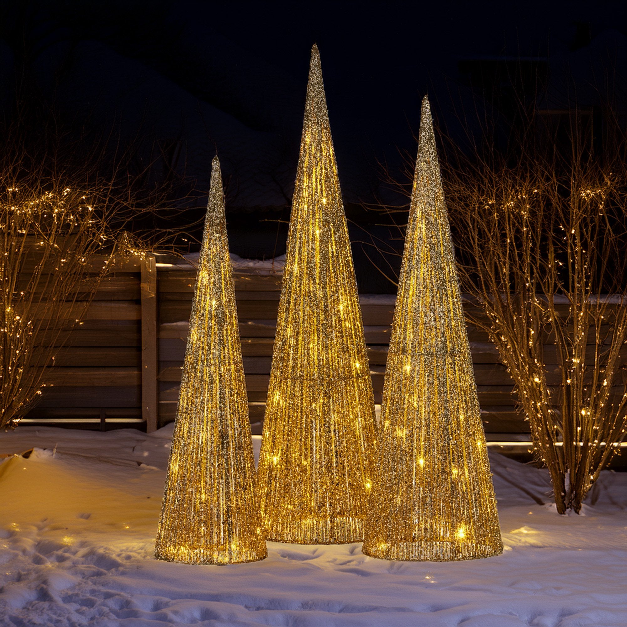 Set of 3 Pre-Lit Gold Cone Christmas Trees with Warm White LED Lights