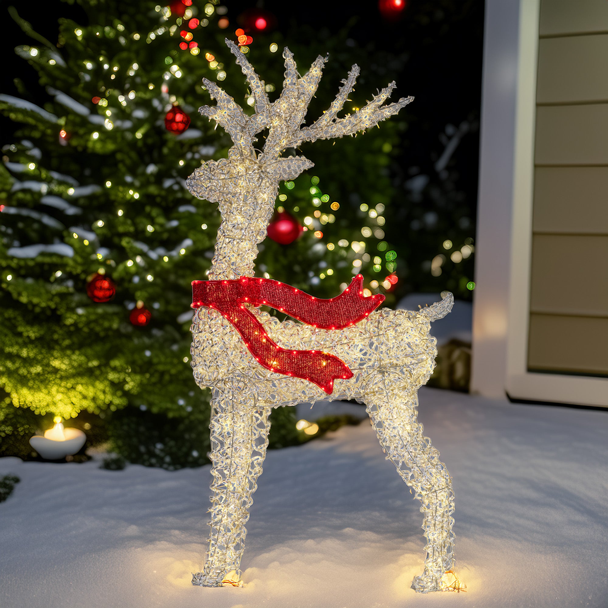150cm Christmas Reindeer Display with LED Lights & Red Bow