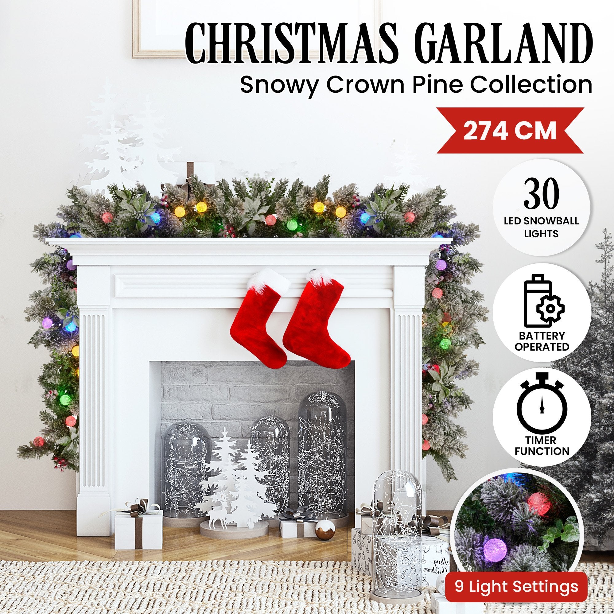 Swishmas 274cm Snowy Pine Garland – Pre-Lit Multicolour