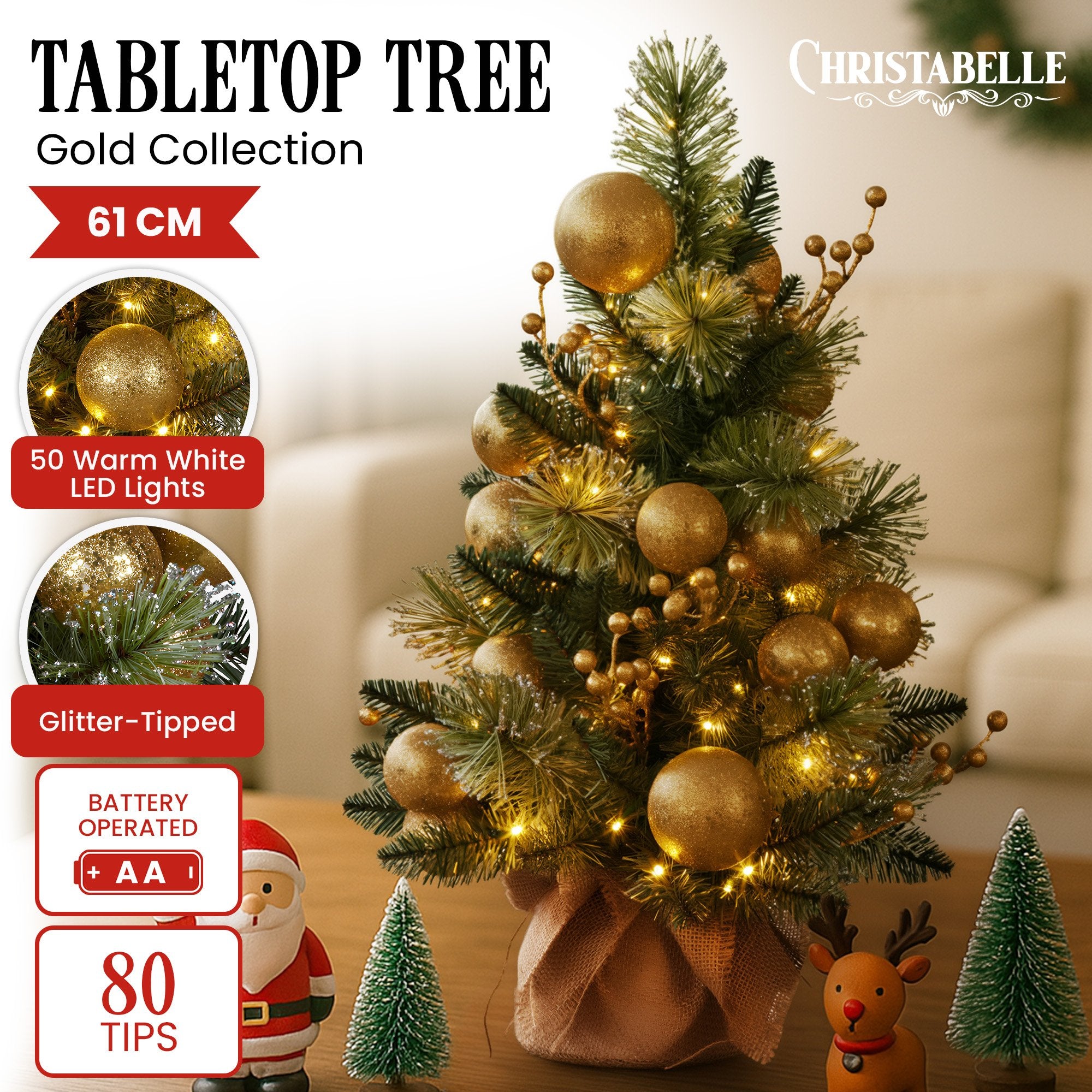 61cm Light-Up Christmas Tree – Gold LEDs, Battery Operated