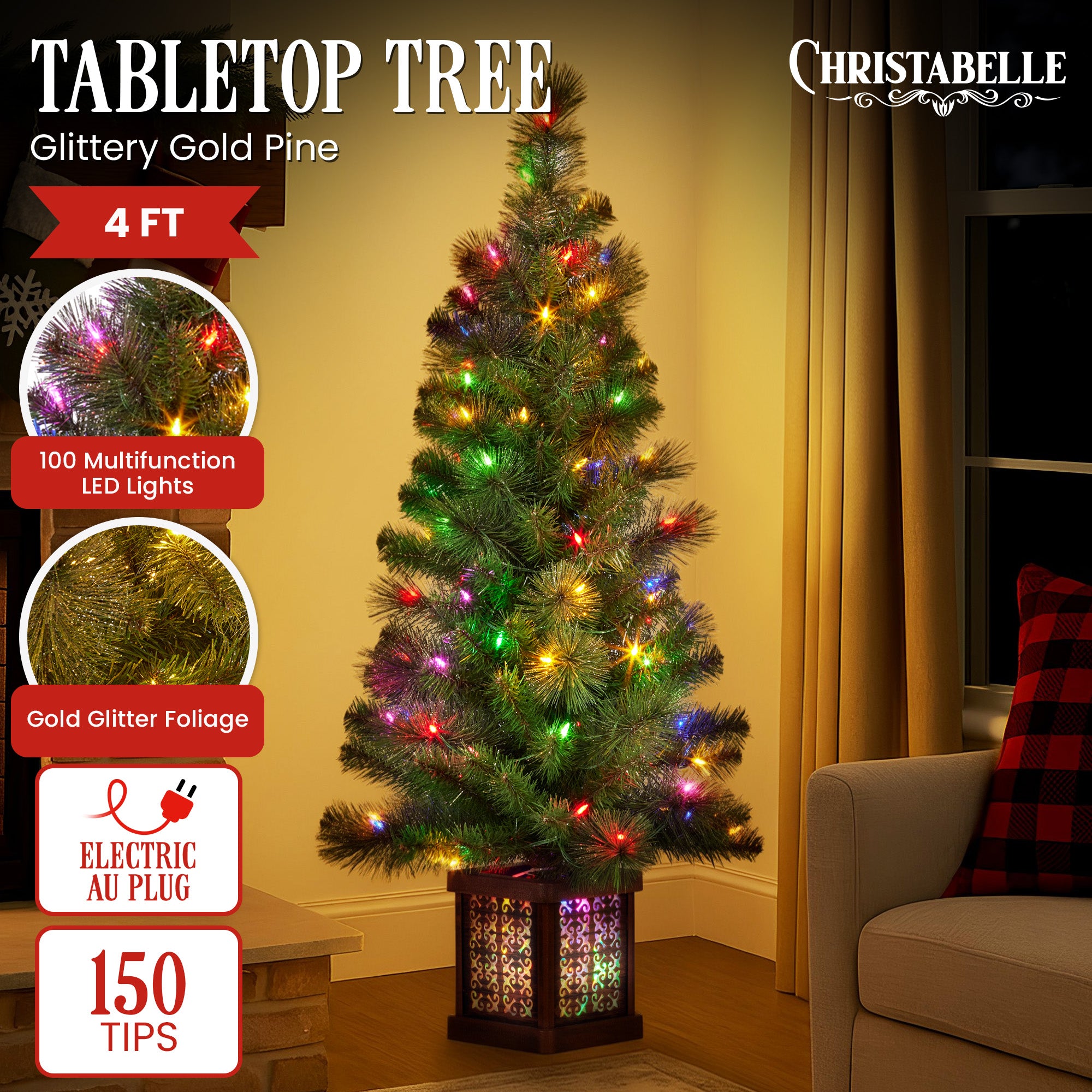 Christabelle 4ft Glittery Gold Pine Christmas Tree with LED Lights